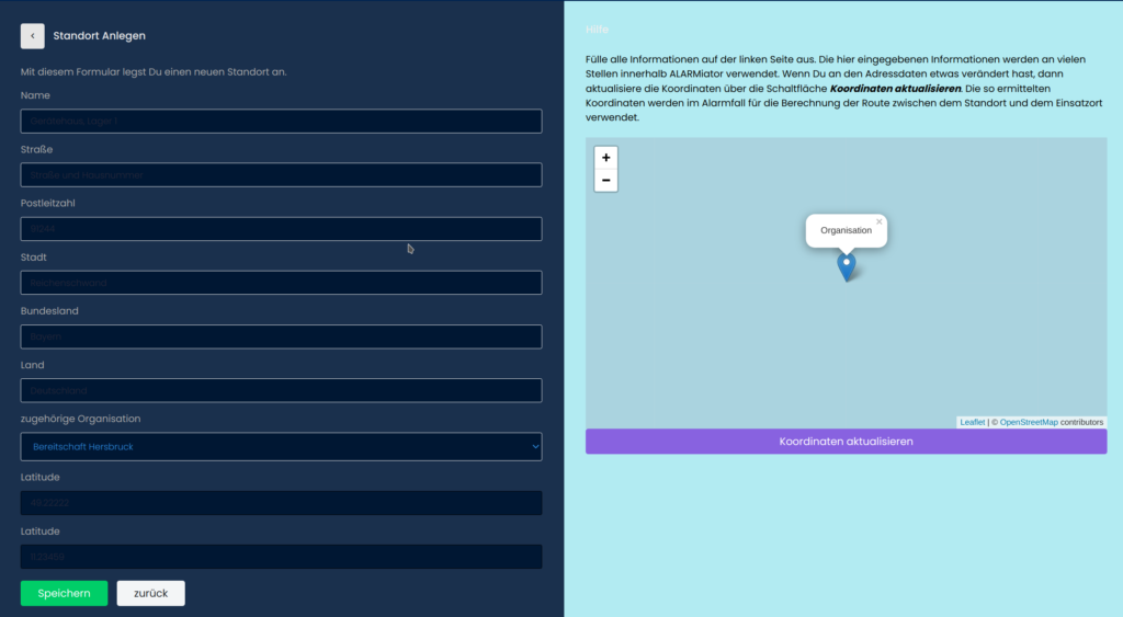 Standorte Erstellungsmenü